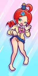 1girls 2025 accurate_art_style ahoge alternate_version_available andou_ringo barefoot blush cheetah_print clothed clothing drill_hair female female_focus female_only flashing_panties furii_(artist) green_eyes gyaru hair_ornament hairclip highres legs panties puniru_wa_kawaii_slime puyo_puyo puyo_puyo_artstyle red_hair school_uniform sega sexually_suggestive solo solo_female standing thighs thong tongue tongue_out twin_drills