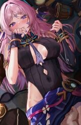 1boy absurdres aether_(genshin_impact) asymmetrical_gloves bare_shoulders beer_mug black_gloves black_leotard blue_eyes blush body_markings braid breasts breasts_apart center_opening citlali_(genshin_impact) commentary_request covered_navel cup efuri_(riarea00) facial_mark female forehead_mark genshin_impact gloves hands_up highres implied_fingering large_breasts leotard long_hair looking_at_viewer low_twin_braids mug nail_polish paid_reward_available parted_lips partial_commentary pink_hair pink_pupils pov purple_nails purple_sarong sarong spill triangle triangle_facial_mark twin_braids uneven_gloves