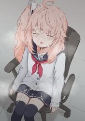 ahoge black_skirt black_thighhighs blue_archive bukkake cardigan closed_eyes cum cum_on_body cum_on_clothes cum_on_hair cum_on_legs facial female highres long_hair natsu_(blue_archive) neckerchief niss_oekaki on_chair open_mouth pink_hair red_neckerchief side_ponytail sitting skindentation skirt sleeves_past_wrists solo thighhighs white_cardigan young