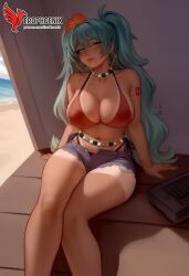 1girls 2d ai_generated aqua_hair ass barefoot big_ass big_breasts bikini bracelet brazilian_miku breasts dark-skinned_female earrings erophoenix eyewear_on_head feet full_body grin hair_flower hair_ornament hatsune_miku huge_breasts jewelry kneeling long_hair looking_at_viewer looking_back nail_polish patreon_username shorts smile soles solo solo_female sunglasses swimsuit tan tellow_shirt thick thick_thighs toes uncensored vocaloid
