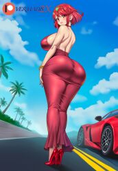 1girls ai_generated car dat_ass earrings female female_only from_behind from_below high_heels huge_ass huge_breasts long_dress looking_at_viewer looking_back monolith_soft nintendo novelai palm_tree pyra red_dress red_eyes short_hair smile street tiara tight_dress vermadis2x voluptuous voluptuous_female wide_hips xenoblade_(series) xenoblade_chronicles_(series) xenoblade_chronicles_2