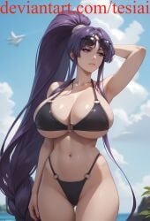 1girls absurd_res ai_generated armpits arms_up bangs bare_shoulders big_breasts bikini blue_eyes blurry_background breasts cleavage clothing cloud collarbone curvy day eiken eyelashes eyewear eyewear_on_head female female_focus female_only glasses glasses_on_head hands_behind_head highleg_bikini hips huge_breasts human kirika_misono large_breasts lips looking_to_the_side midjourney navel o-ring o-ring_bikini ocean outdoors pinup ponytail purple_hair revealing_clothes shiny_skin sideboob sidelocks skimpy skindentation solo solo_female stable_diffusion sunglasses sunglasses_on_head swimsuit tesiai thigh_gap thighs tied_hair underboob url very_long_hair voluptuous water wide_hips