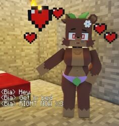 1girls 3d anthro bear bear_ears bear_girl bed bia_(slipperyt) bia_prowell_(slipperyt) brown_fur collar dialog dialogue female flower_in_hair hearts hearts_around_head horny_female humanoid imminent_sex living_plushie looking_at_viewer minecraft panties plushie red_eyes roblox sex_request slipperyt smile solo tagme talking teddy_bear text torch