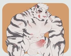 1boy abs animal_ears arknights balls bara blue_eyes closed_mouth completely_nude cross_scar english_commentary erection fangs fangs_out furry furry_male highres looking_at_viewer male male_focus mountain_(arknights) multiple_scars muscular muscular_male navel nipples nude pectorals penis precum scar scar_across_eye scar_on_arm scar_on_cheek scar_on_chest scar_on_face scar_on_leg scar_on_stomach smile teo_(placid69) testicles tiger_boy tiger_ears tiger_stripes tongue tongue_out