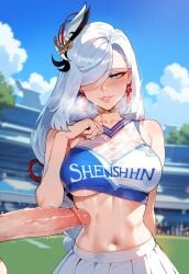 1boy 1girls ai_generated alternate_costume arm_behind_back bangs bare_shoulders blue_eyes blue_sky blush braid breasts cheerleader cheerleader_outfit cheerleader_uniform choker cleavage clothes_writing clothing cloud collarbone crop_top curvaceous curvaceous_female curvaceous_figure curvy curvy_figure day earrings erection female female female_focus genshin_impact hair_ornament hair_over_one_eye hand_up heart heavy_breathing jewelry large_breasts large_penis lips long_hair looking_at_viewer male midriff miyuai navel outdoors parted_lips penis pleated_skirt ponytail rope shenhe_(genshin_impact) shirt skirt sky sleeveless smile solo solo_focus sports_bra standing stomach straight sweat tassel tassel_earrings testicles thighs trembling underboob veins veiny_penis very_long_hair voluptuous voluptuous_female wet white_hair