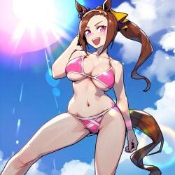 ai_generated animal_ears bikini brown_hair female hair_accessory hairband horse_girl ponytail purple_eyes sakura_bakushin_o_(umamusume) umamusume umamusume_pretty_derby