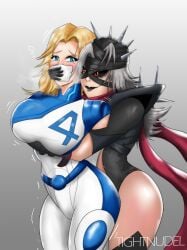 2girls blonde_hair blue_eyes chloroform fantastic_four female female_only femsub fully_clothed invisible_woman lipstick makeup marvel marvel_comics marvel_rivals red_eyes shiny_clothes sue_storm superheroine tight_clothing tightnudel villainess
