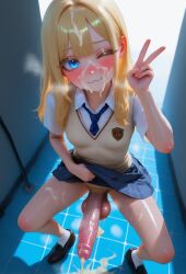 1futa 1girls :3 after_masturbation ai_generated backlighting beige_vest big_penis blonde_eyebrows blonde_hair blue_eyes blush bowlegged_pose breasts cum cum_on_face cum_on_floor cum_on_hair cum_on_self cute_futa devaster dickgirl ejaculation erection excessive_cum female from_above futanari heavy_breathing intersex long_eyelashes long_hair looking_at_viewer necktie nervous_smile nervous_sweat peace_sign pubic_hair realistic_cum school_uniform short_sleeves skirt small_breasts smile solo standing teenage_futa testicles tile_floor veiny_penis vest wink winking_at_viewer yellowish_cum