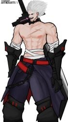 1boy albino artherarts bandages belt berserker berserker_(class) big_bulge big_sword blue_clothes blue_clothing bulge bulge_through_clothing bulge_under_clothes chains clothed clothed_male collar combat_suit gauntlet gauntlets human light-skinned_male long_hair long_hair_male looking_at_viewer male muscles muscular muscular_male open_mouth part_of_a_set partially_clothed partially_clothed_male pink_nipples pointy_teeth red_belt red_eyes scar scars scars_on_chest scars_on_shoulders sfw sfw_version showing_abs showing_chest showing_off showing_torso smile smiling solo solo_male sword sword_on_back veiny veiny_muscles watermark white_hair white_hair_male