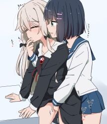 2girls amano_akari black_dress black_hair blue_sailor_collar blue_skirt blush bow dress finger_to_another's_mouth fingering green_eyes grey_hair hairbow hands_on_table highres hug hug_from_behind low_twintails miruzawa_akechi multiple_girls sailor_collar school_uniform serafuku shirt skirt sophie_twilight tonari_no_kyuuketsuki-san trembling twintails white_shirt yuri