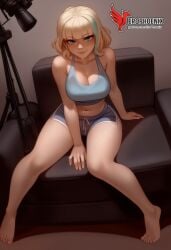1girls 2d ai_generated ass bangs bare_shoulders barefoot big_ass big_breasts blonde_hair blue_eyes blunt_bangs couch disney_xd earrings erophoenix feet female female_focus full_body huge_breasts jackie_lynn_thomas jewelry looking_at_viewer midriff navel nude pale_skinned_female patreon_username short_hair shorts smile solo solo_female star_vs_the_forces_of_evil thick thick_thighs