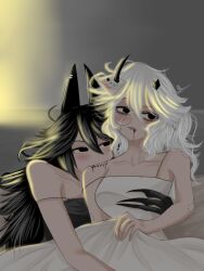 bed bite bite_mark blood breasts clothed female female/female fundamental_paper_education miss_circle_(fundamental_paper_education) miss_grace_(fundamental_paper_education) teacher yuri