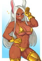 abs absurdres animal_ears bikini blue_background boku_no_hero_academia border breasts cleavage collarbone crescent dark-skinned_female dark_skin dashi_art dashiart female gold_bikini gold_gloves gold_thighhighs gradient_background hand_on_own_hip hand_up highres large_breasts long_eyelashes long_hair looking_at_viewer mirko miruko navel parted_bangs patreon_username rabbit_ears rabbit_girl rabbit_tail raised_eyebrow red_eyes rumi_usagiyama smile solo sparkle stomach swimsuit tail thick_thighs thighhighs thighs toned toned_female very_long_hair white_border