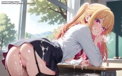 ai_generated anus black_stockings blonde_hair breasts classroom color colored cum cum_all_over cum_in_ass cum_in_pussy cum_inside cum_on_body cum_on_breasts cum_on_face female girl hell-pantsu hi_res hoshino_ruby multicolored_hair nipples oshi_no_ko pink_eyes pubic_hair pussy skirt stockings