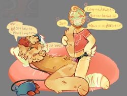 2boys :3 belly_bulge body_markings cheek_tuft chest_fur clitoris cuntboy cuntboy/cuntboy cuntboy_only dandy's_world dandys_world dialogue dialogue_bubble digital_art dog_ears eyeshadow facial_crest fluffy glisten_(dandy's_world) goob_(dandy's_world) green_eyes hand_on_hip head_tuft holding_leg leg_warmers looking_at_partner magma_(software) myheadhurts penetration pillow pink_shirt pussy pussy_juice self_harm_scars shirt simple_background strap-on sweatdrop tail text text_box