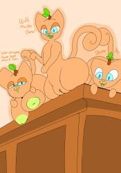 absurd_res alpog21_(artist) ass big_breasts big_butt blue_eyes breasts curled_tail domestic_cat felid feline felis female feral genitals group happy hi_res kneeling leaf looking_at_viewer mammal on_counter open_mouth orange_body orange_breasts orange_ears orange_eyelids orange_legs orange_paws orange_pussy orange_tail plump_labia presenting presenting_breasts presenting_pussy pussy smug_face stem_on_head tail tongue tongue_out trio trod