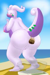 2023 absurd_res anthro anus areola ass beach big_breasts blush bowl breasts closed_eyes container dragon drain_scat eyelashes feces feces_in_ass female generation_6_pokemon genitals goodra hi_res multicolored_body mythological_creature mythological_scalie mythology nintendo nipples nude outside pokemon pokemon_(species) purple_body purple_tail pussy scalie scat sea sky smelly solo standing tail thick_thighs two_tone_body water weighing_scale