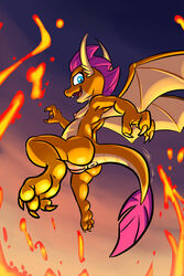 3_toes anus ass bassybird blue_eyes dragon dragoness feet female flying friendship_is_magic furry hi_res lava membrane_(anatomy) membranous_wings my_little_pony nipples nude pussy smolder_(mlp) toes wings