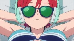 amate_yuzuriha bikini_top breasts female gundam gundam_gquuuuuux hands_behind_head headphones medium_breasts red_hair relaxing screencap sunbathing