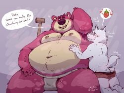 absurd_res anthro armpit_fetish armpit_hair armpit_sniffing bear belly big_belly bodily_fluids body_hair butt_cleavage canid canine clothed clothing disney duo english_text facial_hair food fruit fur hand_behind_head hand_on_belly hi_res jockstrap jockstrap_only lotso male male/male mammal mature_anthro mature_male moobs musk musk_clouds musky_armpit musky_underwear nipples onomatopoeia overweight overweight_anthro overweight_male pink_body pink_fur pixar plant plushie purple_body raised_arm ruffus_woofus scent scentplay size_difference smile sniffing sound_effects spiral_eyes strawberry sweat sweaty_armpit sweaty_legs sweaty_thighs talking_to_another teddy_bear text topless toy_story underwear underwear_only walking_stick