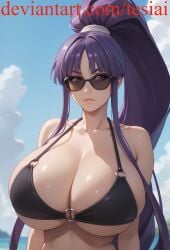 1girls absurd_res ai_generated artist_name bangs bare_shoulders big_breasts bikini blunt_bangs blurry_background breasts cleavage clothing cloud collarbone day eiken eyelashes eyewear female female_focus female_only huge_breasts human kirika_misono large_breasts lips looking_to_the_side midjourney o-ring o-ring_bikini ocean outdoors pinup ponytail purple_eyes purple_hair revealing_clothes shiny_skin sideboob sidelocks skimpy skindentation solo solo_female stable_diffusion sunglasses swimsuit tesiai tied_hair underboob url very_long_hair voluptuous water