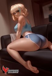 1girls 2d ai_generated ass bangs bare_shoulders barefoot big_ass big_breasts blonde_hair blue_eyes blunt_bangs couch disney_xd dolphin_shorts earrings erophoenix feet female female_focus full_body huge_breasts jackie_lynn_thomas jewelry looking_at_viewer midriff navel nude pale_skinned_female patreon_username short_hair shorts smile solo solo_female star_vs_the_forces_of_evil thick thick_thighs