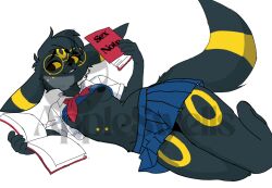 anthro appleswells book bottomwear clothing eeveelution eyewear female generation_2_pokemon glasses lying nintendo on_back pokemon pokemon_(species) reading school_uniform skirt solo umbreon uniform