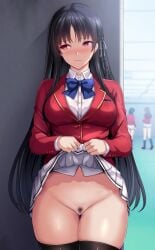 3girls advanced_nurturing_high_school_uniform averting_eyes black_hair black_thighhighs blue_bow blue_bowtie blush bow bowtie censored clothes_lift daiaru female_pubic_hair flashing highres horikita_suzune jacket lifting_own_clothes long_hair miniskirt mosaic_censoring multiple_girls outdoors pleated_skirt pubic_hair public_indecency pussy pussy_juice raised_eyebrows red_eyes red_jacket school_uniform shirt skirt skirt_lift solo_focus thighhighs very_long_hair white_shirt white_skirt youkoso_jitsuryoku_shijou_shugi_no_kyoushitsu_e