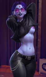areola black_clothing blue_hair colored_skin glasses jeans navel nipples posing raven_(dc) shopping_mall short_hair smiling_at_viewer teen_titans