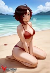1girls 2d ai_generated ass back barefoot beach beachball big_ass big_breasts bikini black_bikini day erophoenix feet gradient_hair looking_at_viewer looking_back multicoloured_hair outdoors pale_skinned_female patreon_username red_hair ruby_rose rwby short_hair sitting sky smile soles solo swimsuit two-tone_hair umbrella uncensored