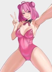 ahoge armpit biting_lip bnvt bruneian bruneian_vtuber bunnysuit cleavage emrys.zx_(bnvt) female indie_virtual_youtuber indie_vtuber legs_apart legs_spread medium_breasts medium_hair on_knees peace_sign pink_bunnysuit pink_eyes pink_hair selfie_pose sideboob sitting_on_knees smile subtle_cameltoe tama64321 twin_buns virtual_youtuber vtuber