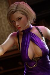 1girls 3d blonde_hair blue_eyes bob_cut boob_window chains cleavage dress earrings harness looking_at_viewer medium_breasts medium_hair nina_williams purple_dress red_lipstick selfie solo sweethime tekken tekken_8