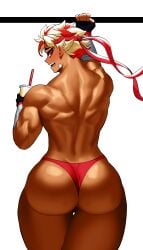 ambush_(trap) ass ass_focus back_view backsack balls ballsack bandana big_ass blonde_hair bloody_max_(tealstarranger) blush embarrassed femboy male muscular muscular_femboy pull_ups red_streak red_thong sotcho tan-skinned_femboy tan_body tan_skin thong trap