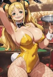 1girls ai_generated big_breasts bunny_ears bunny_girl bunnysuit casino one_piece party playboy_bunny playboy_bunny_leotard public servant serving_tray skimpy skimpy_clothes solo solo_focus vegapunk_york