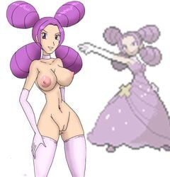 artist_request breasts color fantina_(pokemon) female female_only front_view human human_only melissa_(pokemon) nipples pokemon pokemon_dppt purple_eyes purple_hair pussy solo tagme thin_waist vulva