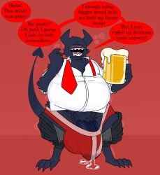 1_eye alcohol beer beer_mug beverage blush blush_lines bodily_fluids boxers_(clothing) bulge claws clothing container cup demon dialogue digitigrade drooling drunk english_text fur genital_fluids genitals hi_res holding_container holding_cup holding_object horn humanoid_genitalia humanoid_penis imp krylon_(nylonhellhole) male motion_lines mug nylonhellhole open_mouth overweight penis precum pubes saliva sharp_teeth simple_background smile solo spade_tail speech_bubble stained_underwear substance_intoxication tail talking_to_viewer teeth text tongue topwear underwear undone_tie wobbly