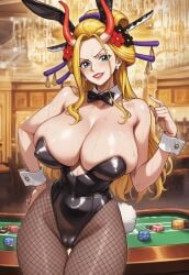 1girls ai_generated big_breasts black_maria bunny_ears bunny_girl bunnysuit cameltoe casino one_piece party playboy_bunny playboy_bunny_leotard public servant serving_tray skimpy skimpy_clothes solo solo_focus
