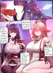 3girls absurdres animal_ears aqua_hair bare_shoulders black_choker blush braid breasts choker cleavage covered_nipples detached_sleeves earrings fan_hair_ornament flower fox_ears fox_girl gem genshin_impact hair_flower hair_ornament highres horori_(halloweenday309) huge_breasts japanese_clothes jewelry kimono long_hair looking_to_the_side low-braided_long_hair low-tied_long_hair mole mole_under_eye multiple_girls necktie nontraditional_miko obi obiage obijime parted_bangs pink_hair pointy_ears purple_eyes purple_hair purple_kimono raiden_shogun red_necktie red_ribbon ribbon sash shrug_(clothing) sideboob sidelocks smile yae_miko yumemizuki_mizuki