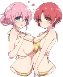 2girls big_breasts bikini bikini_bottom bikini_top blue_eyes bocchi_the_rock! bottomwear breast_to_breast breasts cleavage female female_only gold_bikini golden_week gotou_michiyo green_eyes hair hair_bun heart huge_breasts kita_kuruyo mature mature_female melty_pot milf mother peace_sign pink_hair red_hair short_hair small_breasts smile swimwear topwear