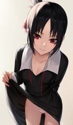 1girls absurdres black_hair blush breasts cleavage clothes_lift collarbone dress dress_lift female highres hua-j kaguya-sama_wa_kokurasetai_~tensai-tachi_no_renai_zunousen~ lifting_own_clothes long_sleeves looking_at_viewer medium_breasts panties parted_bangs pink_panties red_eyes school_uniform shinomiya_kaguya short_hair shuuchiin_academy_school_uniform smile solo underwear