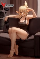 1girls 2d ai_generated ankama ass big_ass big_breasts breasts cleavage elf erophoenix evangelyne feet female female_focus freckles full_body green_eyes indoors looking_at_viewer looking_back midriff navel nude pale_skinned_female panties patreon_username pointy_ears smile smile_at_viewer soles solo solo_female thick thick_thighs uncensored wakfu