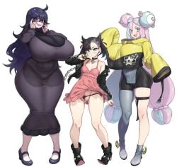 3girls black_panties breasts hex_maniac_(pokemon) highres huge_breasts iono_(pokemon) looking_at_viewer marnie_(pokemon) multiple_girls panties pokemon pussy pussy_peek simple_background standing thighs underwear xiangzi_box