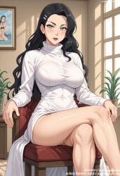ai_generated ai_genrated arm_support asami_sato avatar_the_last_airbender bangs bare_legs black_hair blush breasts chair cleavage clothing couch covered_navel crossed_legs curtains curvaceous dress earrings feet female female_only green_eyes hair_ornament hairclip indoors jewelry jousneystudio large_breasts legs light-skinned_female lips lipstick long_hair long_sleeves looking_at_viewer makeup mature mature_female nickelodeon nicktoons original panties pantsu parted_bangs parted_lips plant potted_plant red_lips shirt sitting smile solo sweater taut_dress the_legend_of_korra thick_thighs thighs turtleneck underwear wavy_hair white_dress white_panties white_underwear window