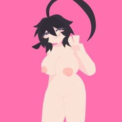 :p ahoge areolae big_ass big_breasts black_hair freaky_sadie lineless naked naked_female nyanyanay peace_sign pink_nipples purple_eyes pussy reupload tease th1ng thighs