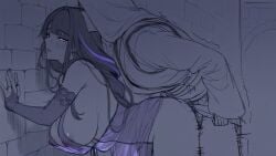 1boy 1boy1girl 1girls ai_generated big_breasts breasts castle dark_hair female genshin_impact long_hair male male/female mr_none night nipples nipples_visible_through_clothing raiden_shogun sex sex_from_behind transparent_clothing