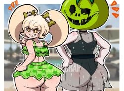alternate_version_available back_view big_ass bottom_heavy brat bubble_butt crossover danganronpa danganronpa_2:_goodbye_despair female_only lewdscrap looking_back mask oosuzuki_kurara saionji_hiyoko shortstack small_breasts swimsuit the_hundred_line_-last_defense_academy- tomato_mask twintails