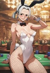 1girls ai_generated bunny_ears bunny_girl bunnysuit cameltoe casino gilf granny one_piece party playboy_bunny playboy_bunny_leotard public servant serving_tray skimpy skimpy_clothes small_breasts solo solo_focus tsuru_(one_piece)