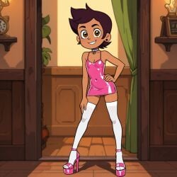 "artist: ai_generated brown_eyes brown_hair erogintokiai flat_breasts hand_on_hip heels latex_outfit luz_noceda omibozu pink_dress pink_high_heels platform platform_heels stripper_heels the_owl_house white_stockings