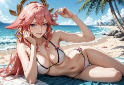 ai_generated beach bikini cleavage curvy female flat_stomach genshin_impact hourglass_figure katslantis large_breasts lewd long_hair long_legs micro_bikini nipples nipples_visible_through_clothing ocean palm_tree pink_hair pointy_ears purple_eyes round_breasts see-through_bikini sideboob smile soft_breasts solo suggestive thick_thighs underboob wet wet_bikini wet_hair wet_skin white_bikini wide_hips yae_miko
