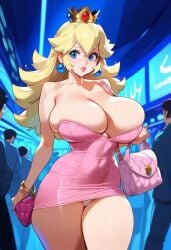2d ai_generated big_breasts blonde_hair blue_eyes crown dress earrings female female_focus handbag mario_(series) panties pantyshot pink_dress princess_peach short_dress super_mario_bros. tagme